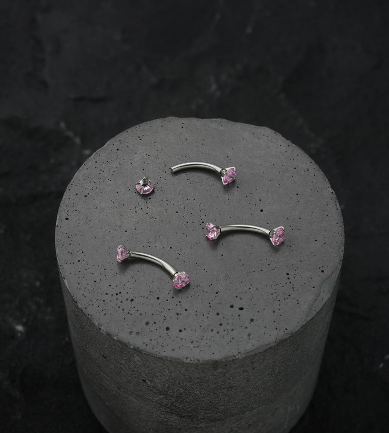 Pink CZ Prong Set Stainless Steel Curved Barbell