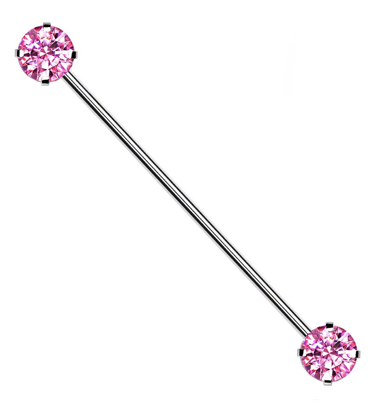 Pink CZ Stainless Steel Threadless Industrial Barbell