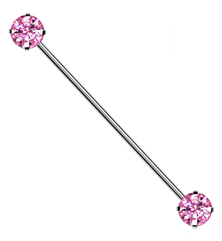 Pink CZ Stainless Steel Threadless Industrial Barbell