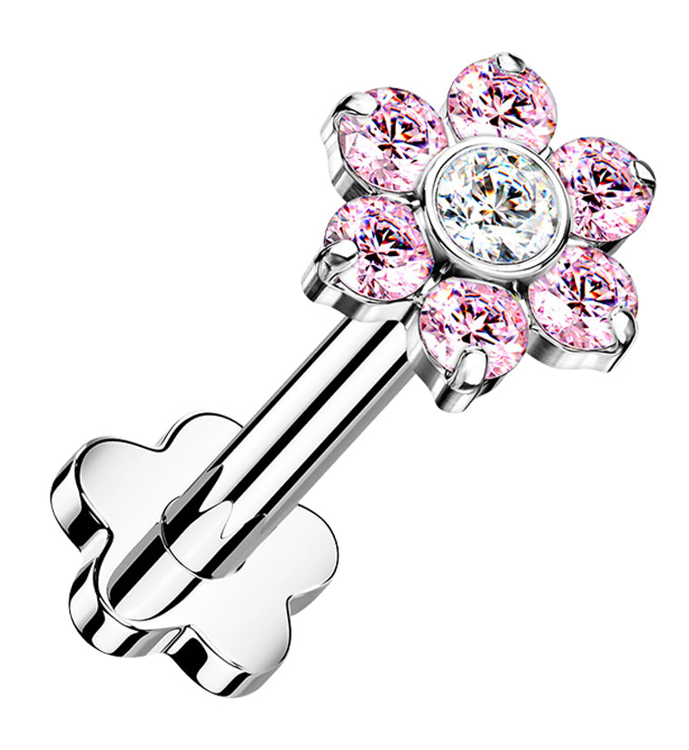 Pink CZ Flower Titanium Threadless Labret