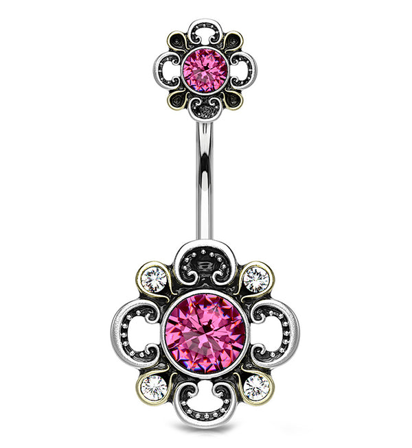 Pink CZ Antique Flower Belly Button Ring