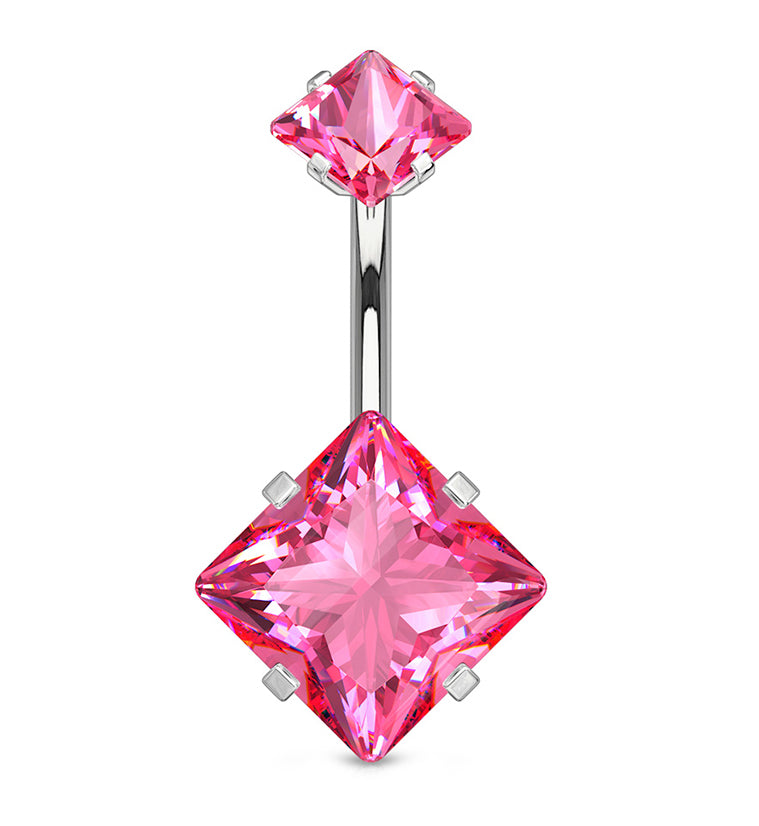 Pink CZ Square Internally Threaded Belly Button Ring