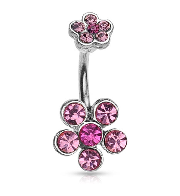 Double Pink Gem Flower Belly Button Ring