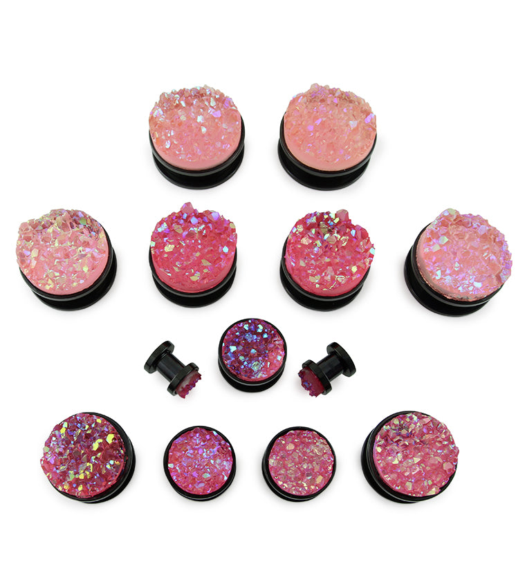 Black PVD Stainless Steel Plugs With Coral Pink Druzy Inlay