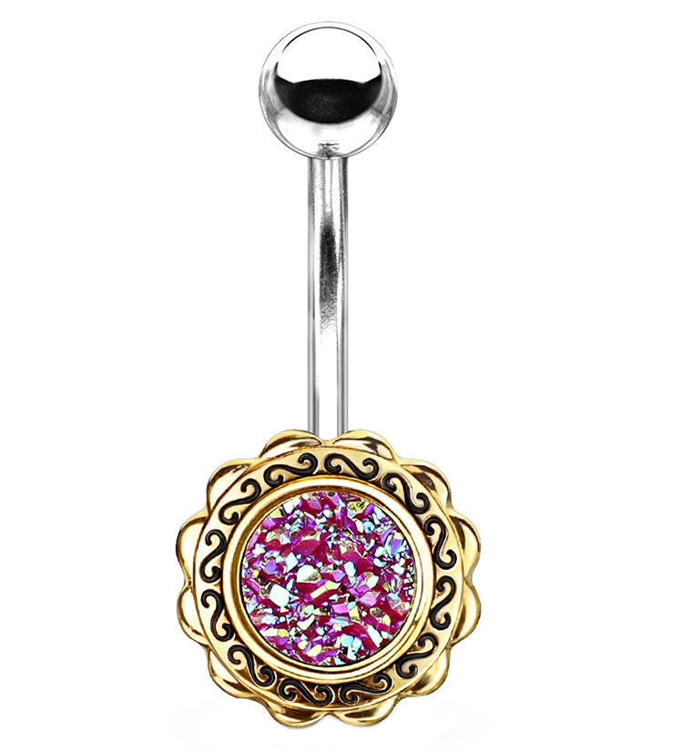 Pink Druzy Filigree Gold Belly Button Ring