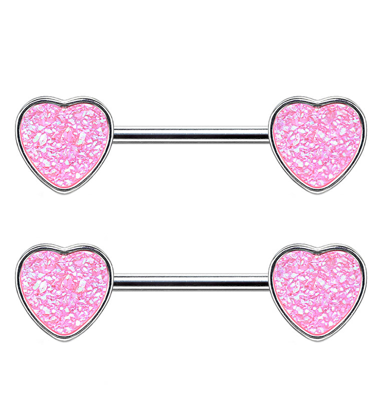 14G Pink Druzy Heart Nipple Ring Barbell