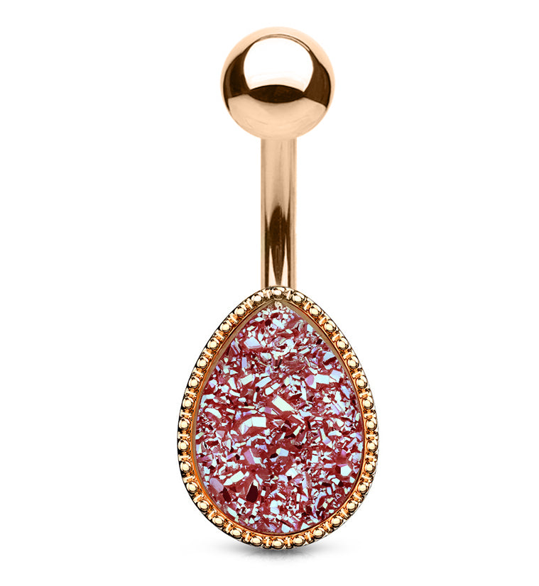 Rose Gold PVD Teardrop Pink Druzy Shield Belly Button Ring