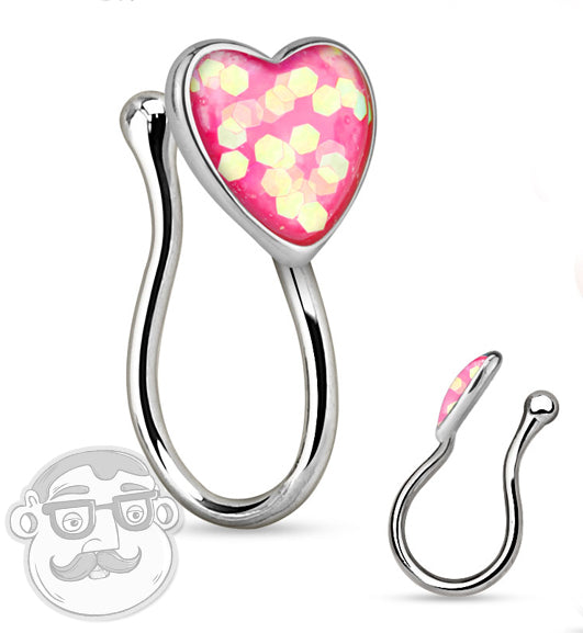 Pink Glitter Heart Fake Nose Ring