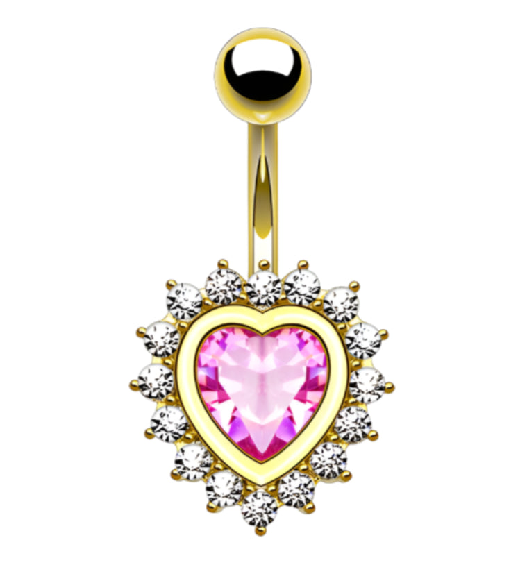 Golden Heart With Pink CZ Stainless Steel Belly Button Ring