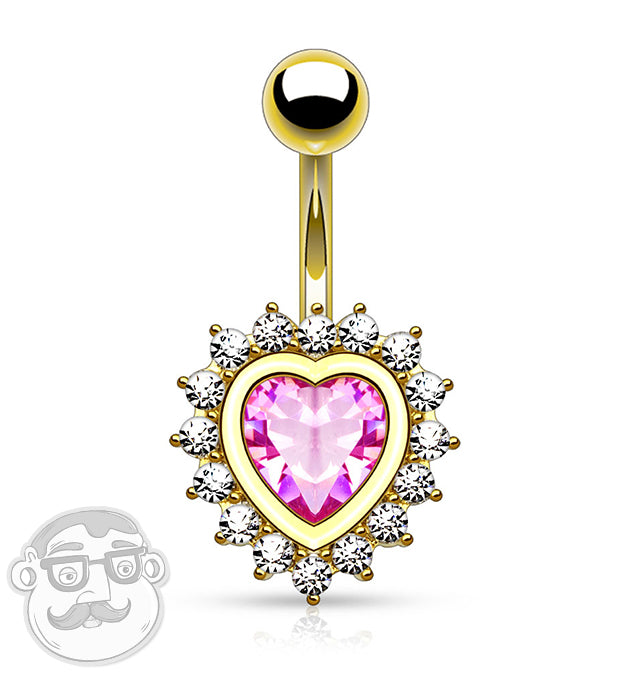 Golden Heart With Pink CZ Stainless Steel Belly Button Ring
