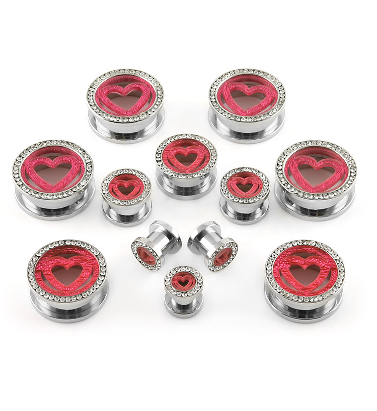 Pink Heart With CZ Diamond Rim Tunnel Plugs