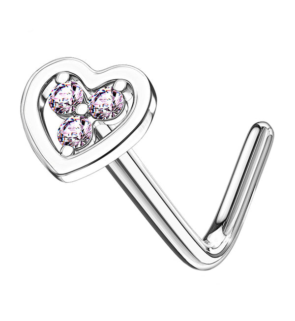 14kt White Gold Heart Pink CZ L Bend Nose Ring