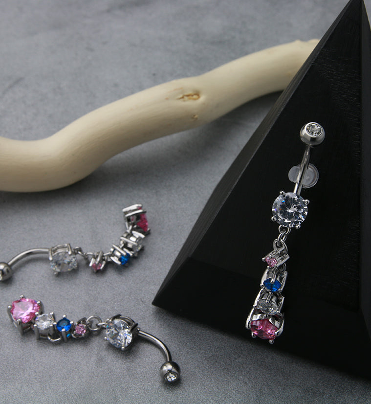 Pink Heart & Gem Dangle Belly Button Ring