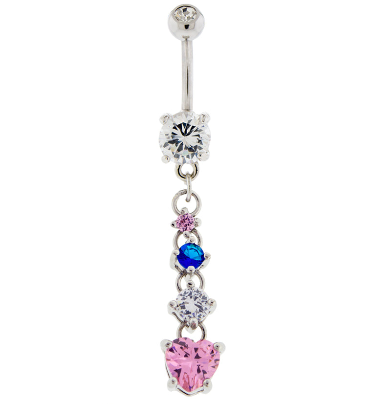 Pink Heart & Gem Dangle Belly Button Ring