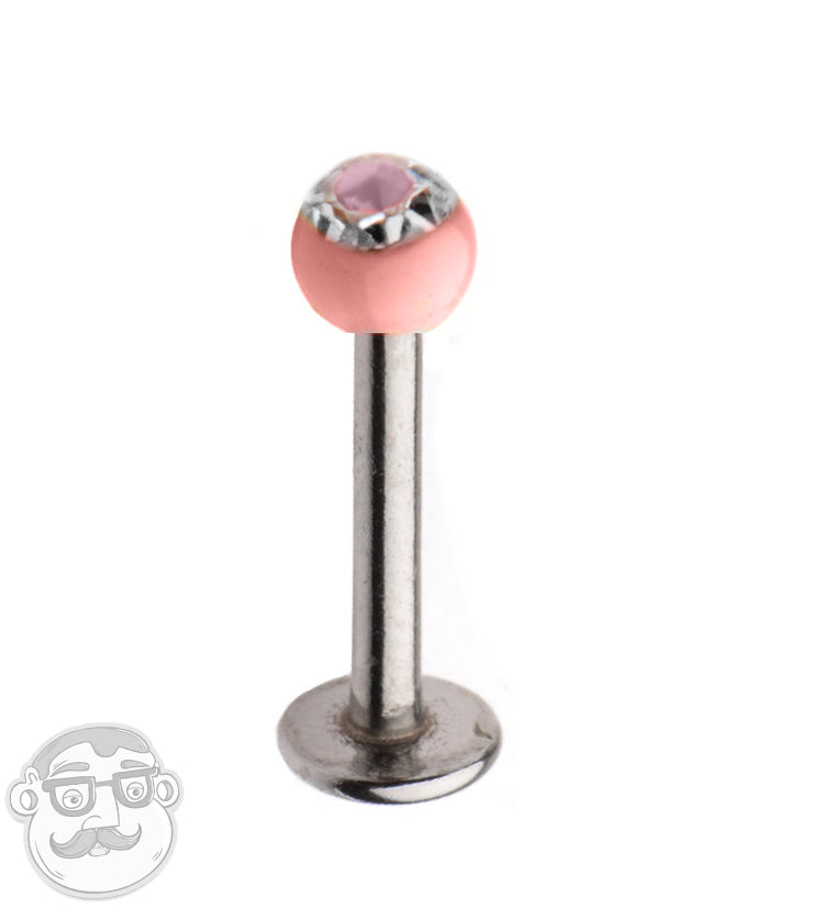 16G Stainless Steel Lip / Labret Stud with CZ Pink Ceramic Ball