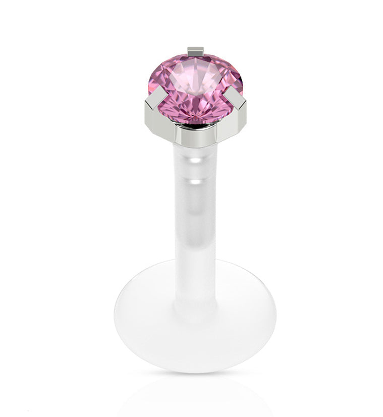 16G Pink CZ Prong Push Top Labret