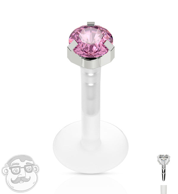 16G Pink CZ Prong Push Top Labret