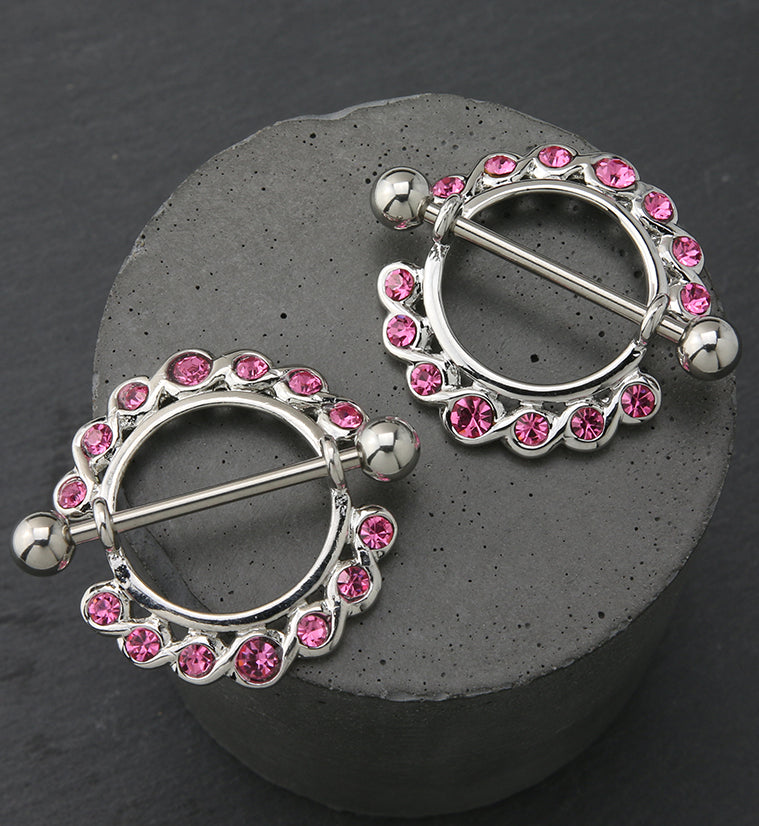 Pink Nipple Ring CZ Diamond Gem Barbell Shield