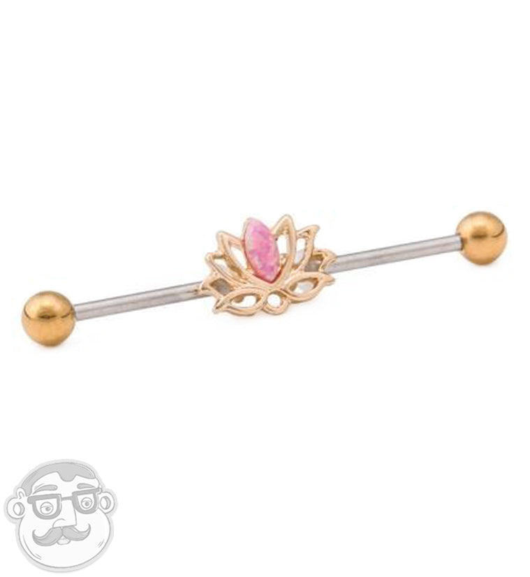 Pink Opal Lotus Gold PVD Industrial Barbell