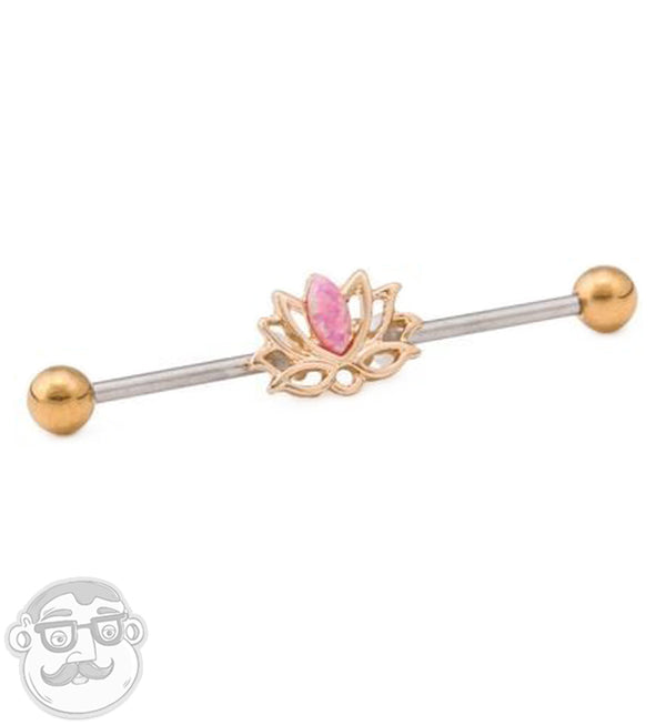 Pink Opal Lotus Gold PVD Industrial Barbell