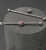 Pink Opalite Flower Titanium Industrial Barbell