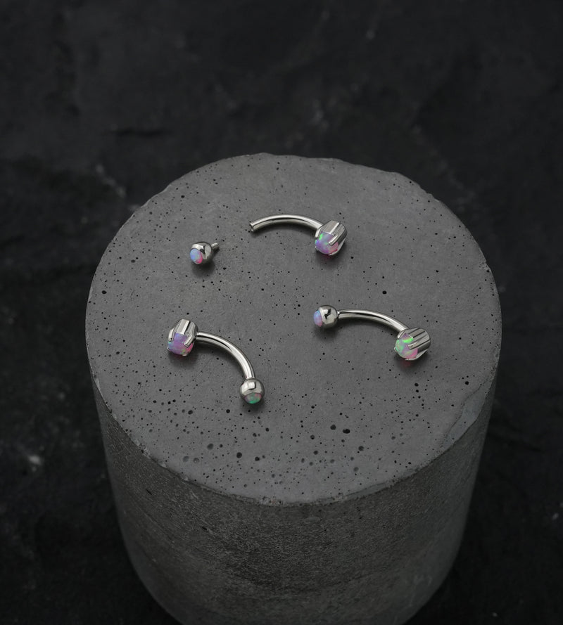 Pink Opalite Prong Set Stainless Steel Curved Barbell