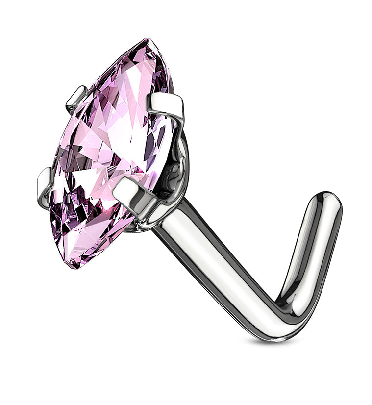 20G Pink Oval CZ Stainless Steel L Shaped Nose Ring