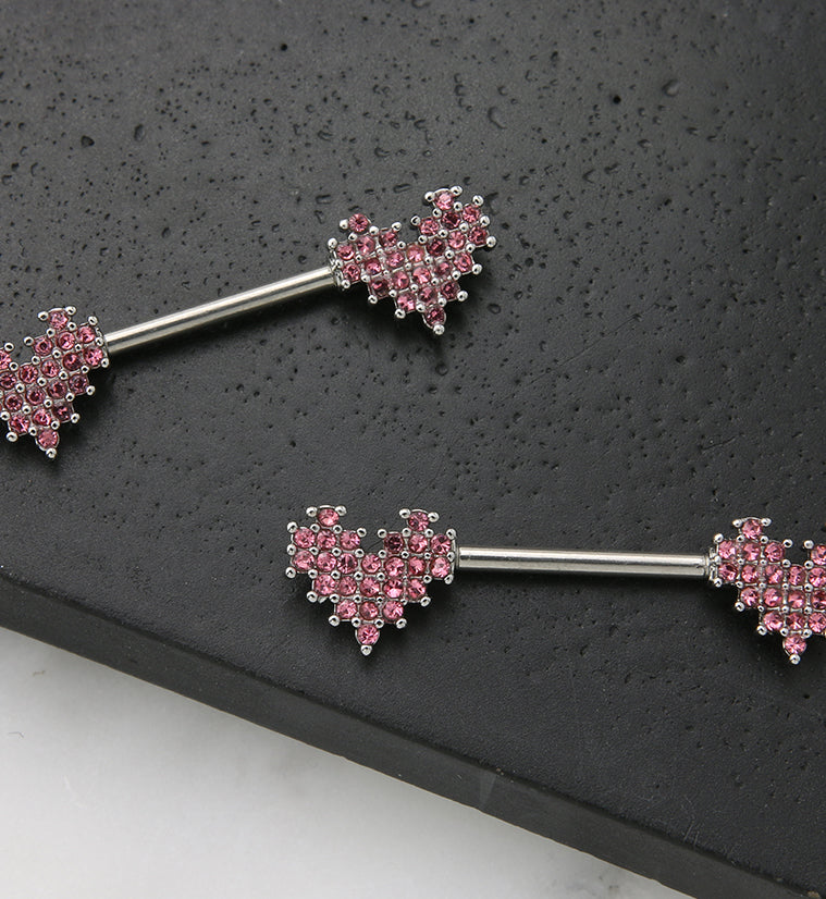 Pink Pixel CZ Hearts Stainless Steel Nipple Barbell