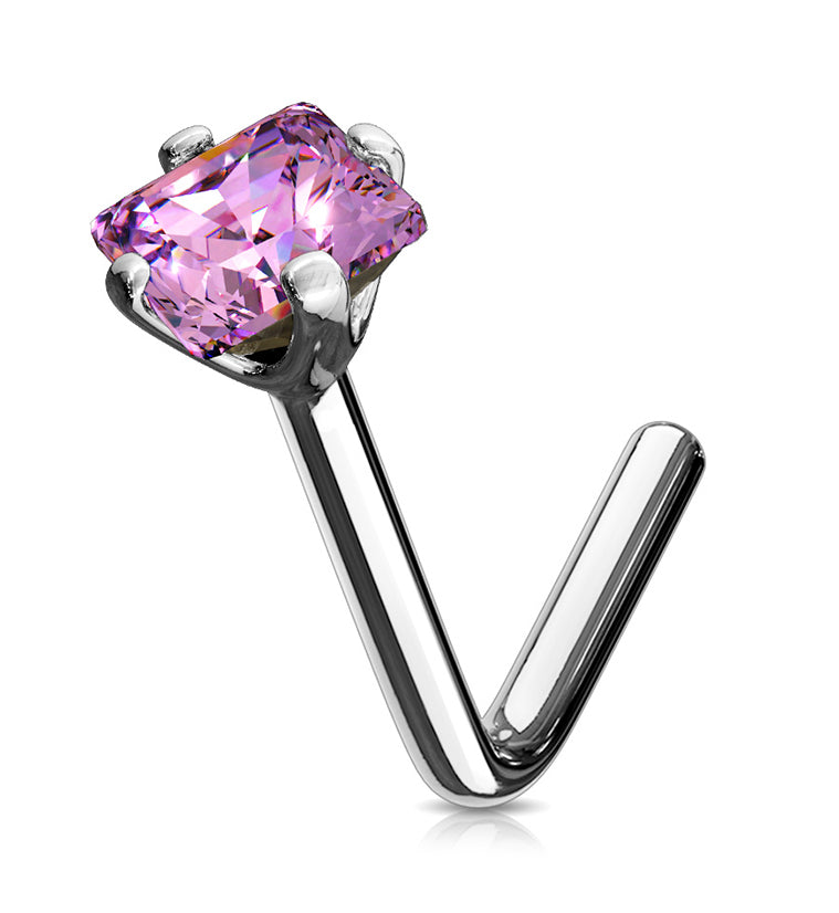 20G Pink Square CZ 14kt White Gold L Shaped Nose Ring