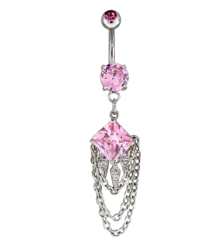 Pink Square CZ Dangle Chain Belly Button Ring
