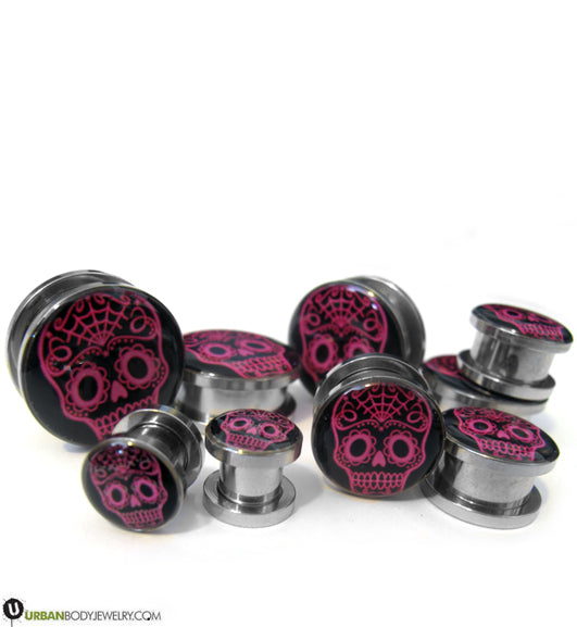 Pink Sugar Skull Steel Plugs