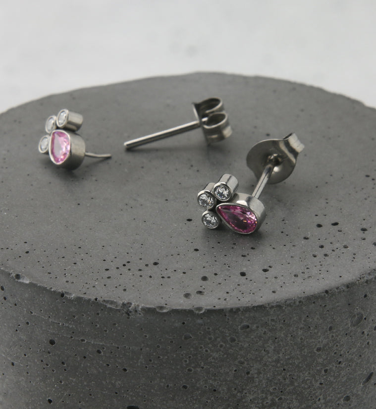Pink Teardrop Cluster CZ Titanium Threadless Earrings