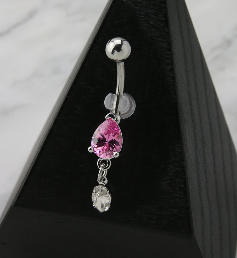 Pink Teardrop CZ Dangle Belly Button Ring