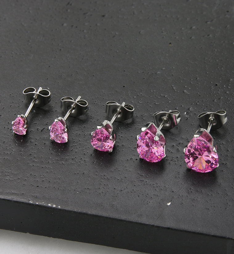 Pink Teardrop CZ Stainless Steel Earrings