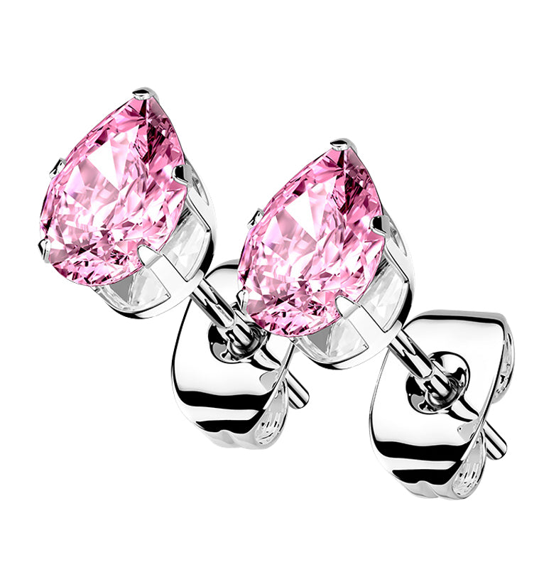 Pink Teardrop CZ Stainless Steel Earrings