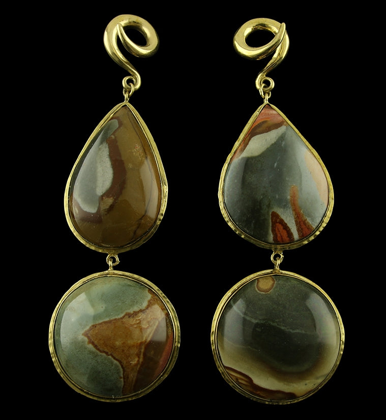 Double Polychrome Ocean Jasper Stone Brass Ear Weights
