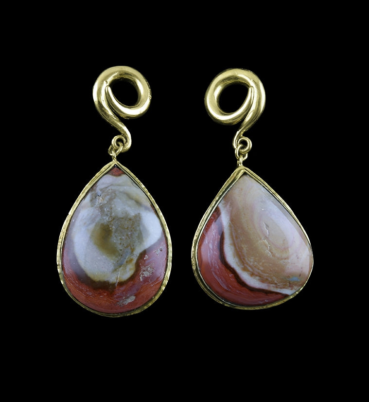 Teardrop Polychrome Ocean Jasper Stone Brass Ear Weights