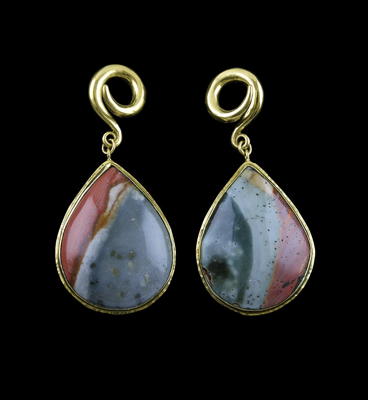 Teardrop Polychrome Ocean Jasper Stone Brass Ear Weights