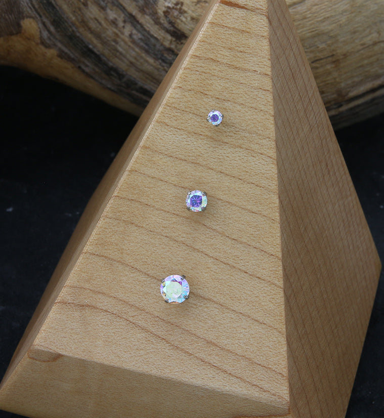 Prong Rainbow Aurora CZ Threadless Titanium Top