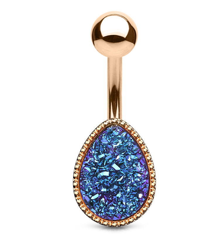 Rose Gold PVD Teardrop Aqua Druzy Shield Belly Button Ring