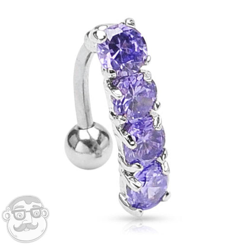 Stunning Four Purple Gem Stone Steel Belly Button Ring