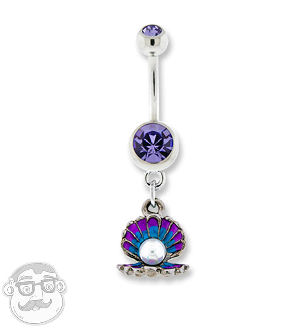 Purple CZ Clam & Pearl Belly Button Ring