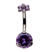 Purple CZ Flower Top Titanium Belly Button Ring