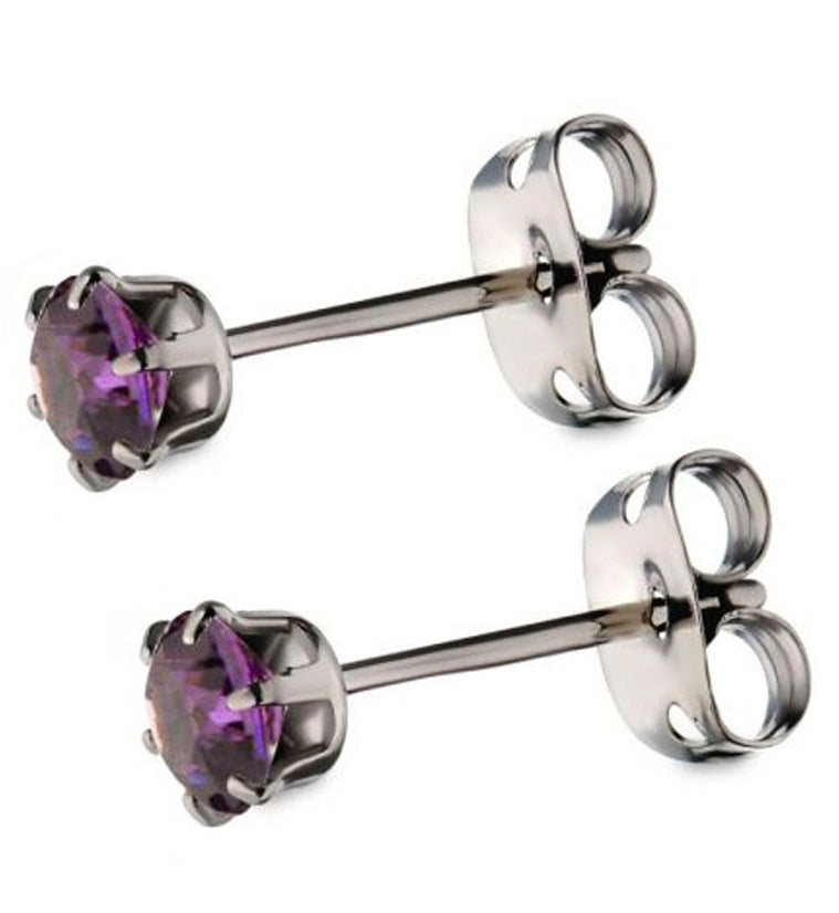 Purple CZ Prong Titanium Earrings