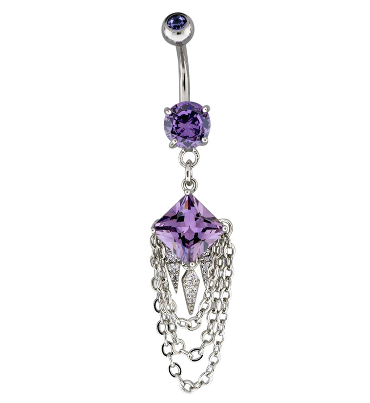 Purple Square CZ Dangle Chain Belly Button Ring