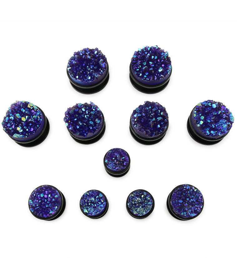 Black Steel Plugs With Purple Druzy Stone Inlay