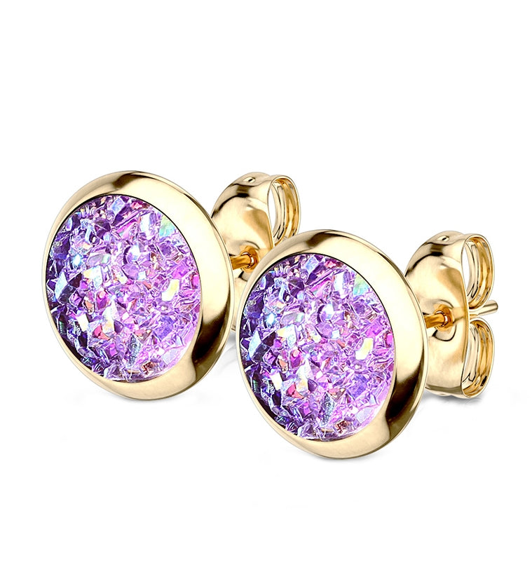 Purple Druzy Set Gold PVD Earrings
