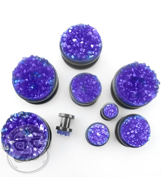 Black Steel Plugs With Purple Druzy Stone Inlay