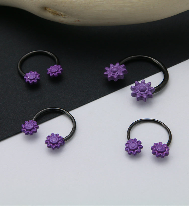 Purple Flower Black PVD Stainless Steel Circular Barbell