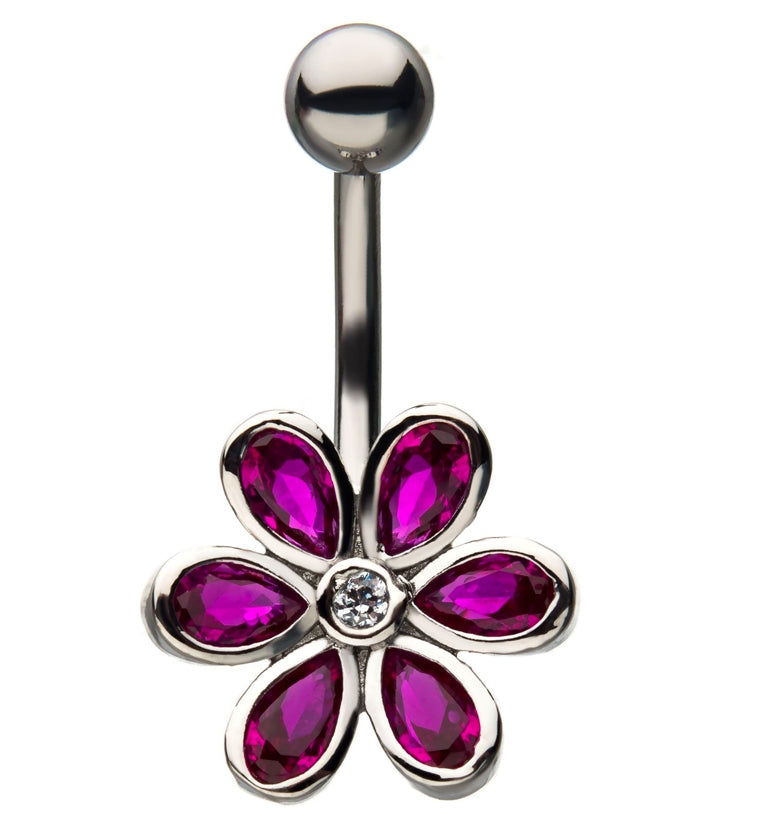 Magenta Flower Pedal CZ Belly Ring